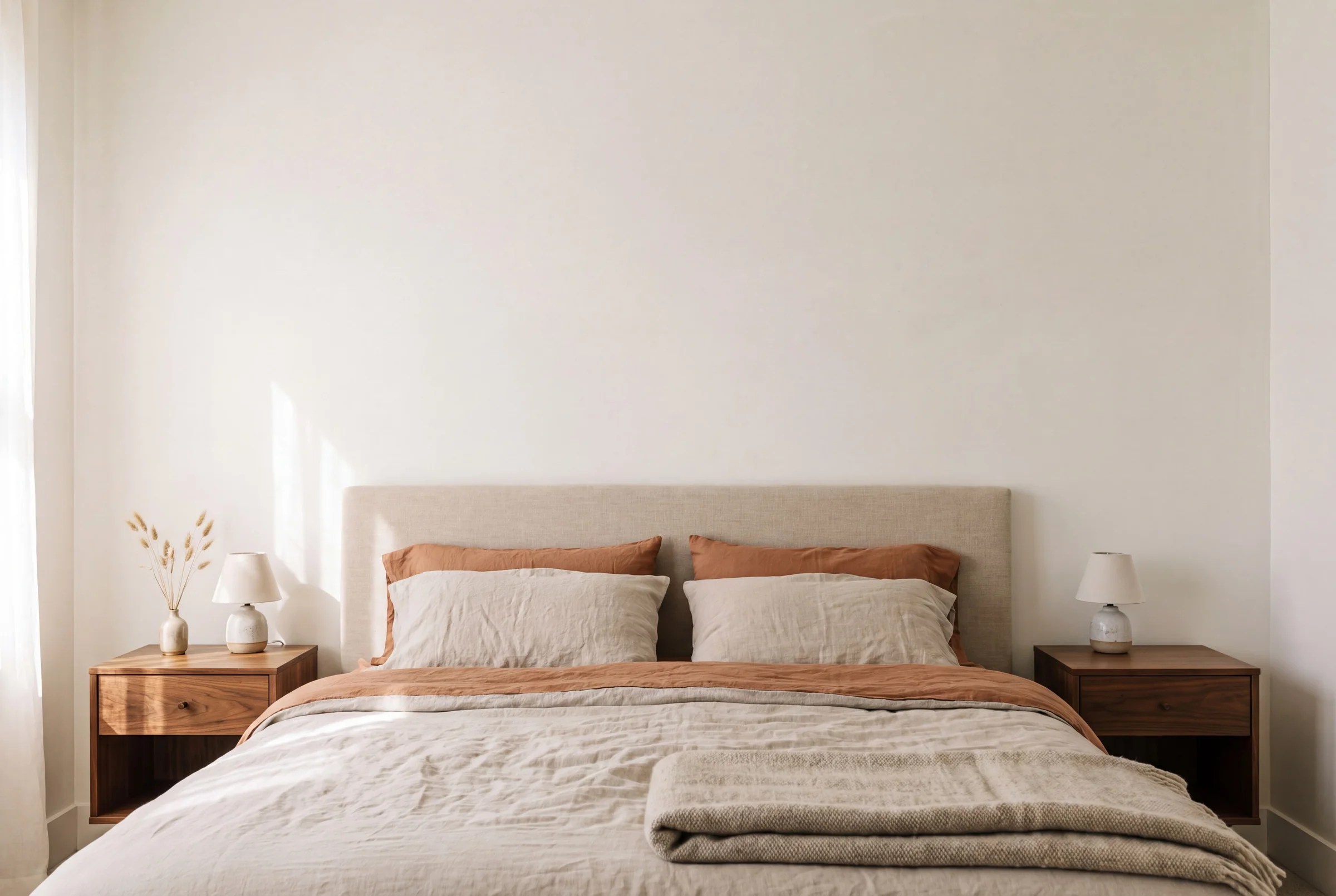 Above the bed: a warm room with the framed print